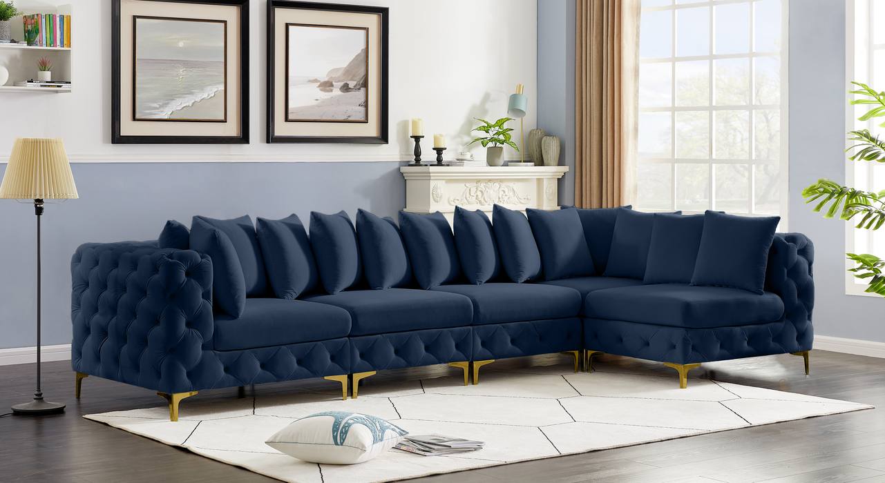 Meridian Furniture - Tremblay 139" Navy Velvet Upholstered 5pc. Sectional - 686Navy-Sec5A - GreatFurnitureDeal