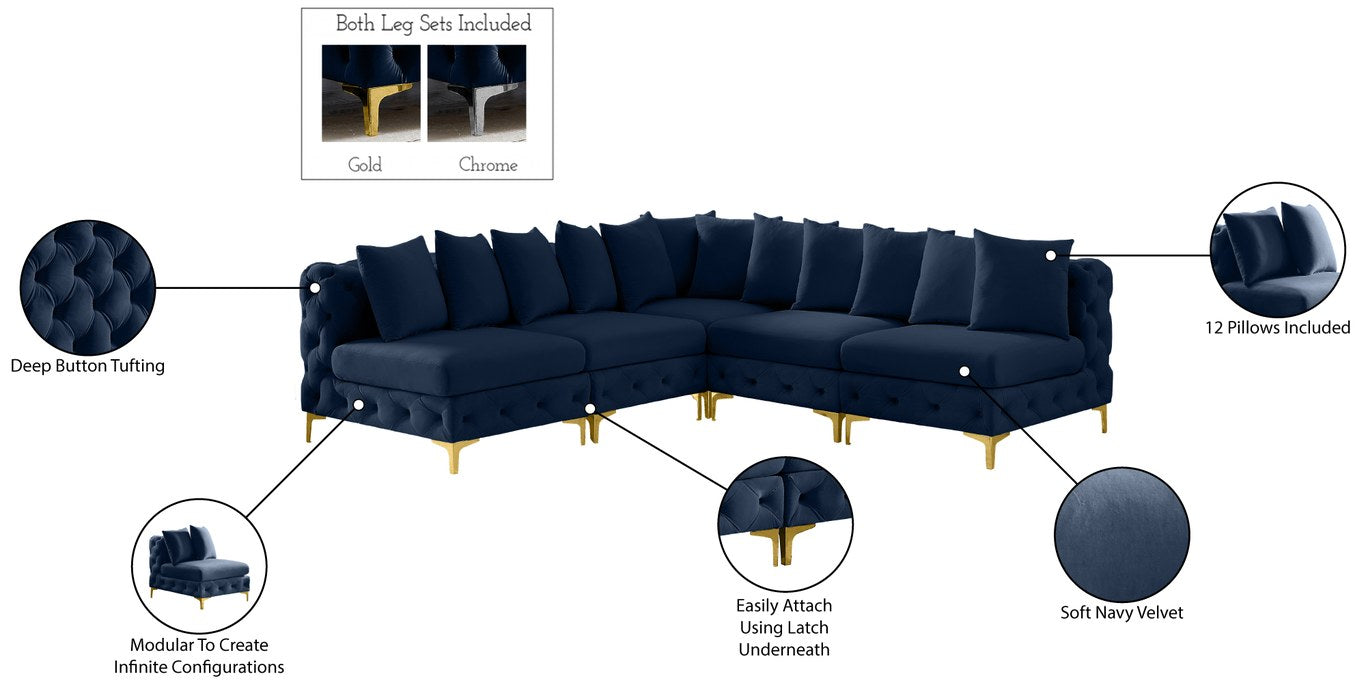 Meridian Furniture - Tremblay 99" Navy Velvet Upholstered 5pc. Sectional - 686Navy-Sec5B - GreatFurnitureDeal
