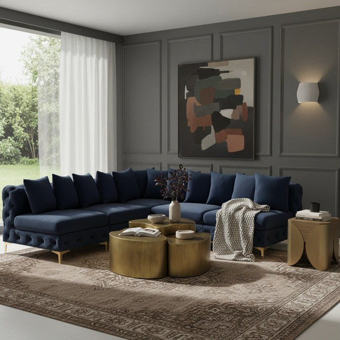 Meridian Furniture - Tremblay 99" Navy Velvet Upholstered 5pc. Sectional - 686Navy-Sec5B - GreatFurnitureDeal