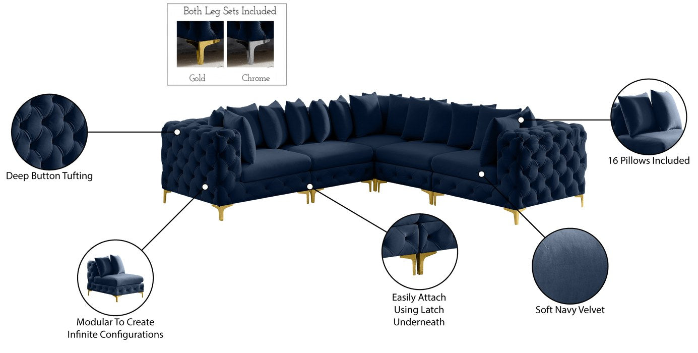 Meridian Furniture - Tremblay 109" Navy Velvet Upholstered 5pc. Sectional - 686Navy-Sec5C - GreatFurnitureDeal
