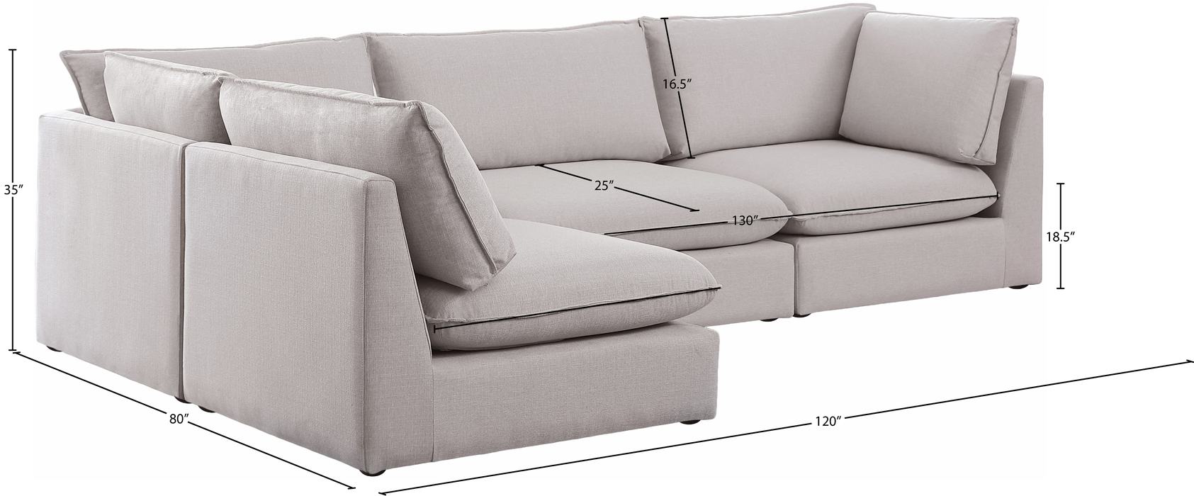 Meridian Furniture - Mackenzie 120" Beige Linen Textured Fabric Upholstered 4pc. Sectional - 688Beige-Sec4A - GreatFurnitureDeal