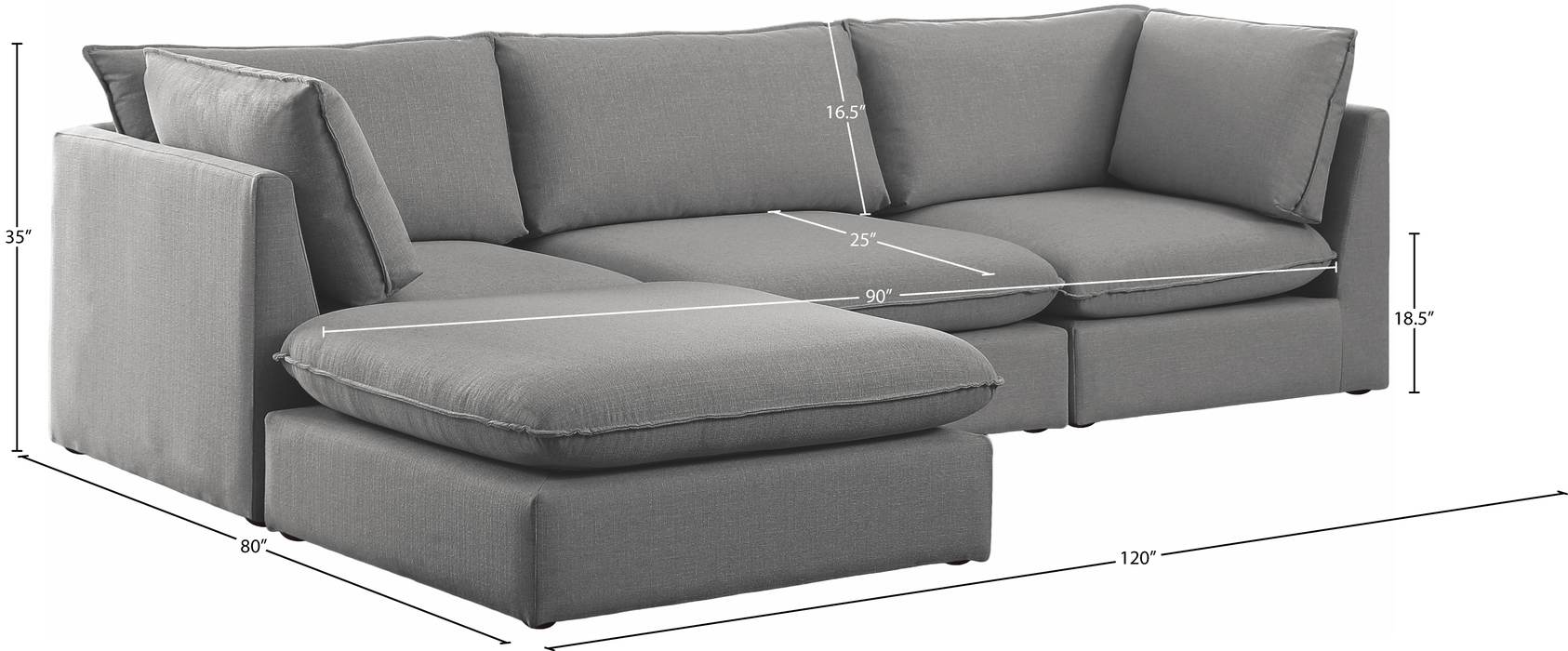 Meridian Furniture - Mackenzie 120" Grey Linen Textured Fabric Upholstered 4pc. Sectional - 688Grey-Sec4B - GreatFurnitureDeal