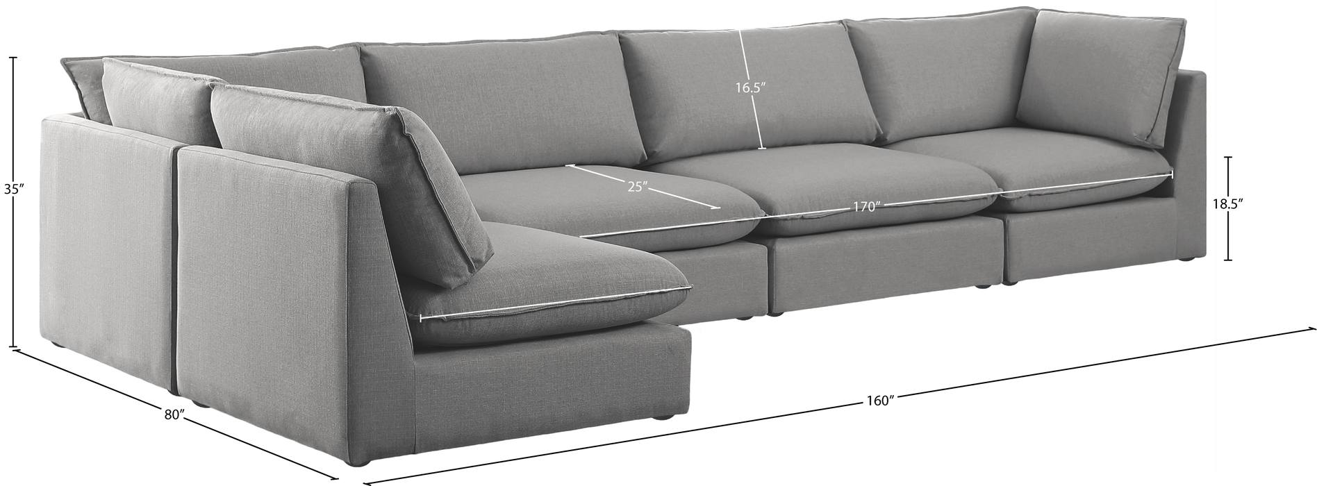 Meridian Furniture - Mackenzie 160" Grey Linen Textured Fabric Upholstered 5pc. Sectional - 688Grey-Sec5A - GreatFurnitureDeal