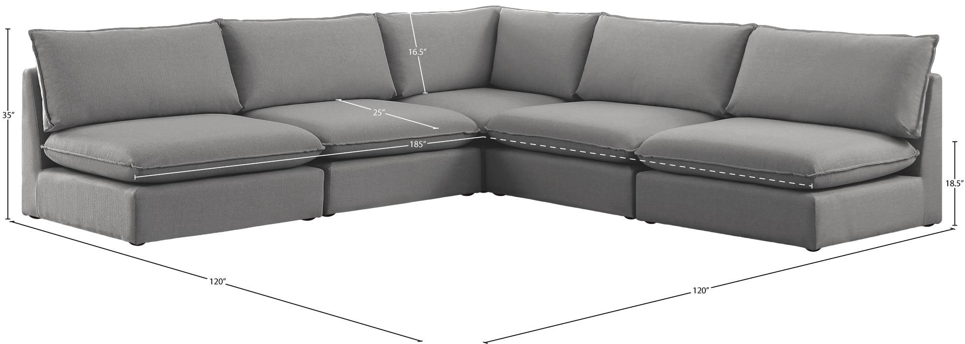 Meridian Furniture - Mackenzie 120" Grey Linen Textured Fabric Upholstered 5pc. Sectional - 688Grey-Sec5C - GreatFurnitureDeal