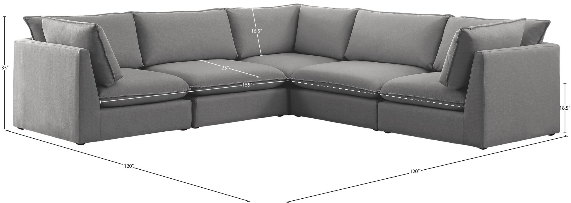 Meridian Furniture - Mackenzie 120" Grey Linen Textured Fabric Upholstered 5pc. Sectional - 688Grey-Sec5D - GreatFurnitureDeal