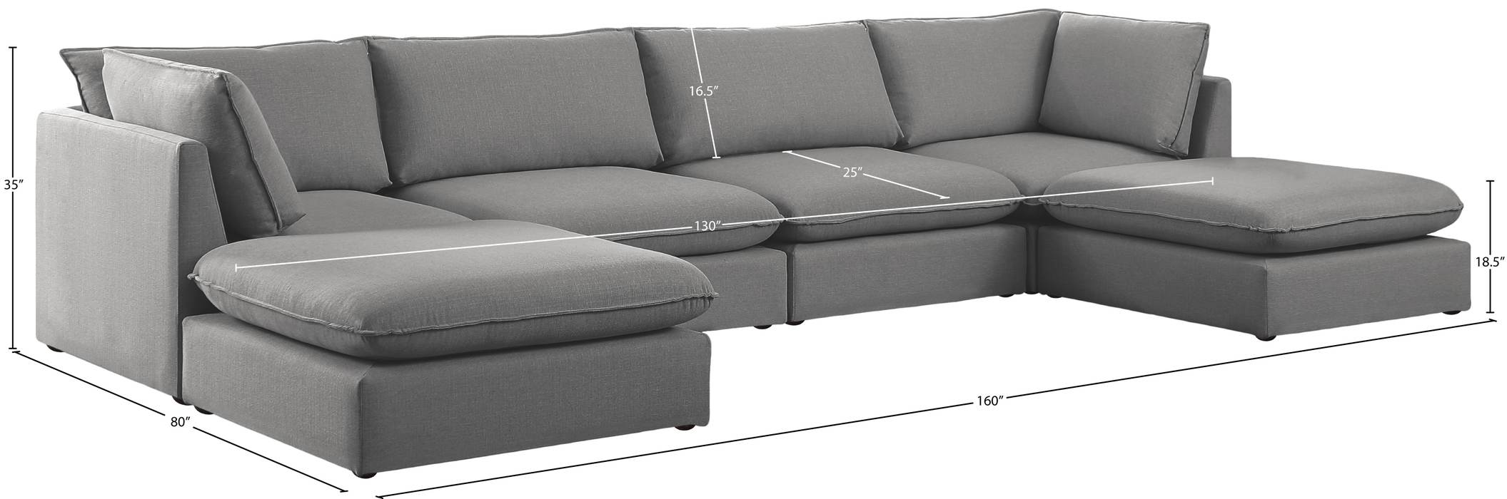 Meridian Furniture - Mackenzie 160" Grey Linen Textured Fabric Upholstered 6pc. Sectional - 688Grey-Sec6B - GreatFurnitureDeal