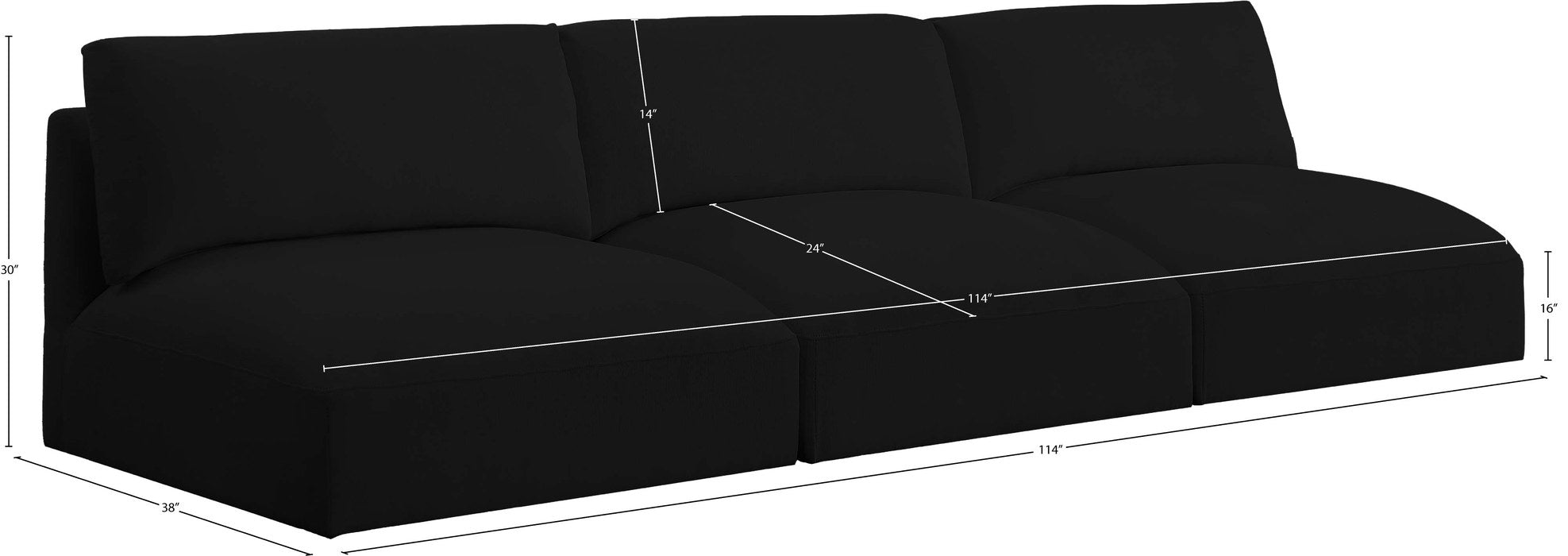 Meridian Furniture - Ease 114" Black Fabric Upholstered 3pc. Armless Sofa - 696Black-S114A - GreatFurnitureDeal