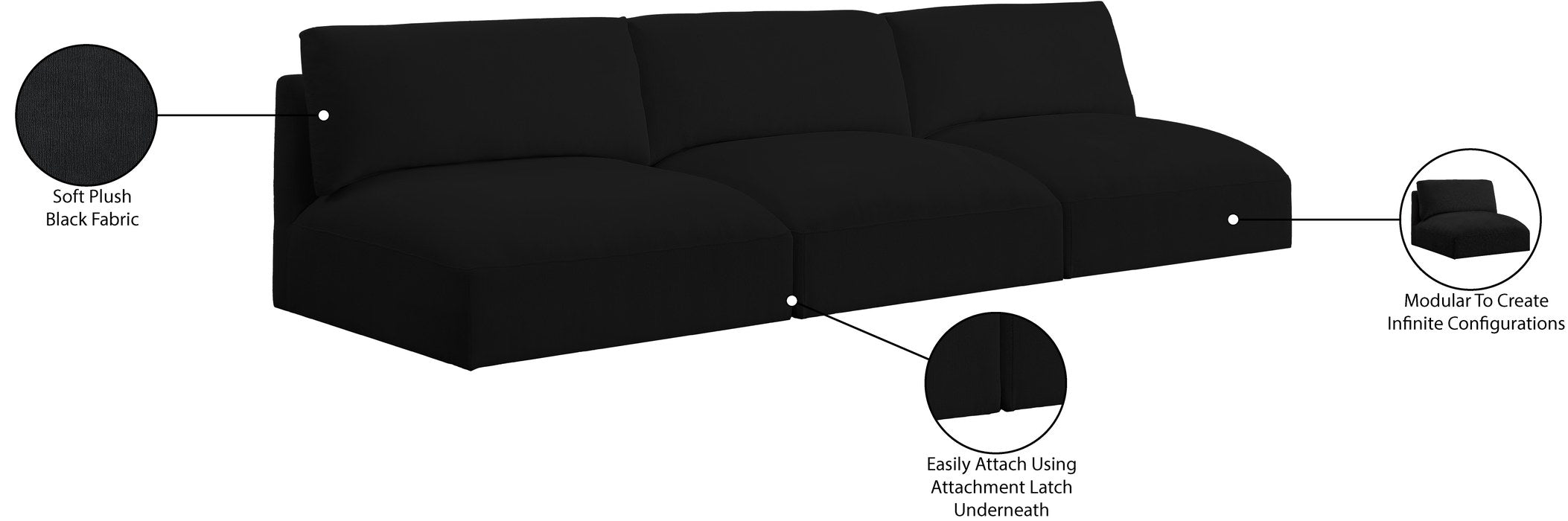 Meridian Furniture - Ease 114" Black Fabric Upholstered 3pc. Armless Sofa - 696Black-S114A - GreatFurnitureDeal