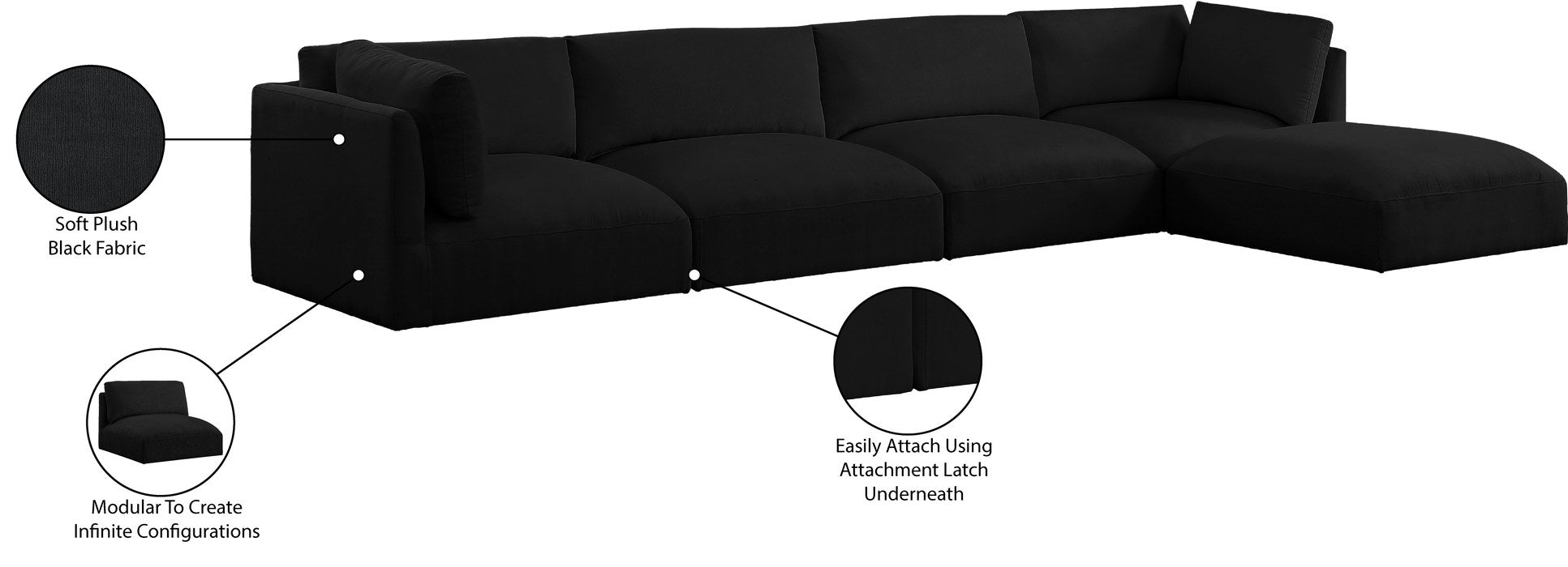 Meridian Furniture - Ease 152" Black Fabric Upholstered 5pc. Sectional - 696Black-Sec5A - GreatFurnitureDeal