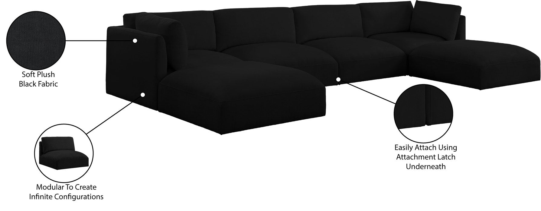 Meridian Furniture - Ease 152" Black Fabric Upholstered 6pc. Sectional - 696Black-Sec6C - GreatFurnitureDeal