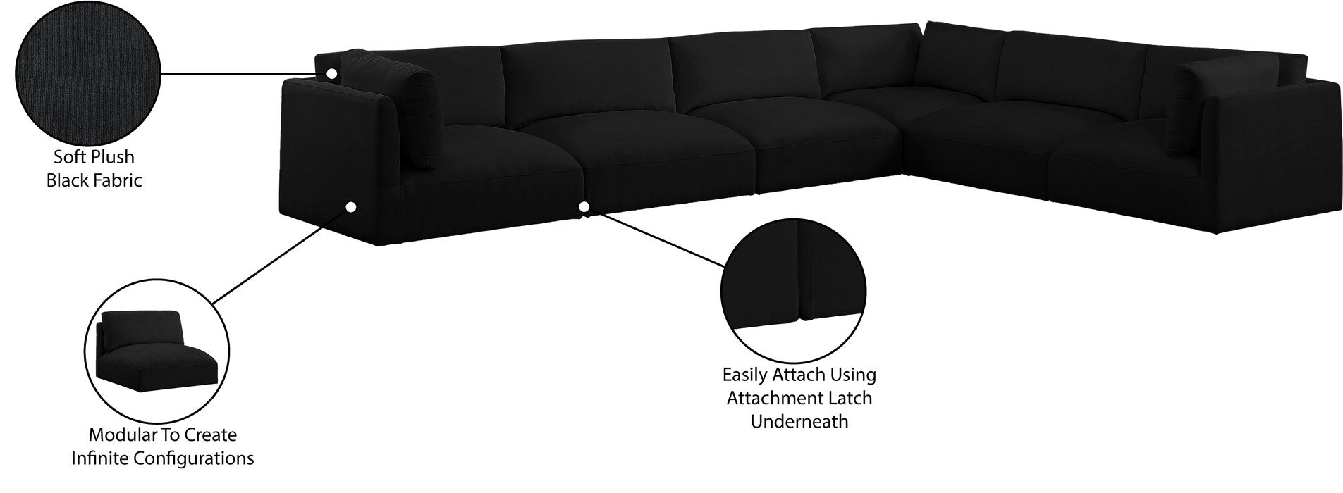 Meridian Furniture - Ease 152" Black Fabric Upholstered 6pc. Sectional - 696Black-Sec6D - GreatFurnitureDeal