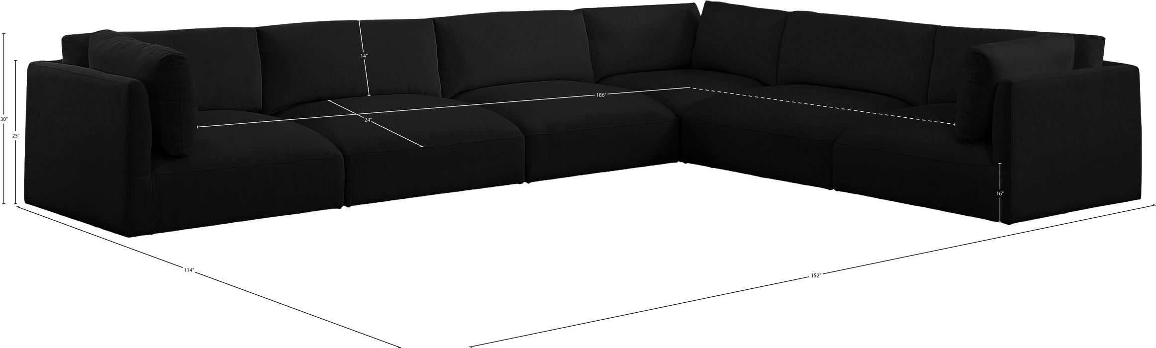 Meridian Furniture - Ease 152" Black Fabric Upholstered 6pc. Sectional - 696Black-Sec6D - GreatFurnitureDeal