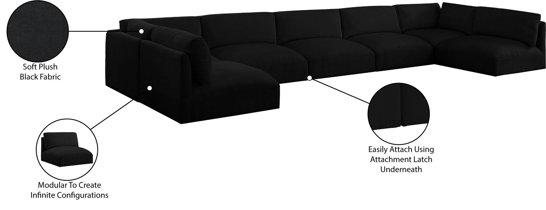 Meridian Furniture - Ease 190" Black Fabric Upholstered 7pc. Sectional - 696Black-Sec7B - GreatFurnitureDeal