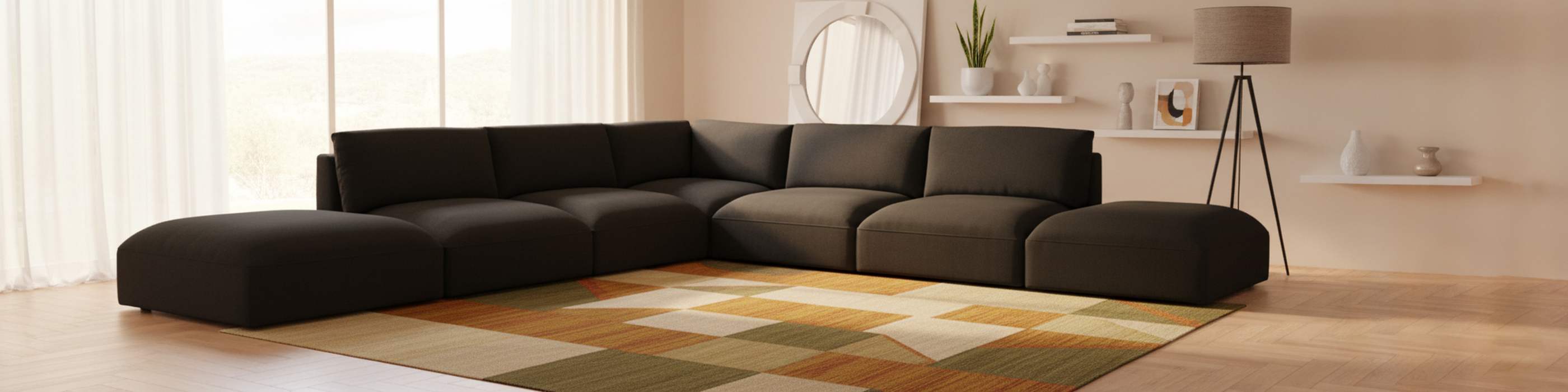 Meridian Furniture - Ease 152" Black Fabric Upholstered 7pc. Sectional - 696Black-Sec7C - GreatFurnitureDeal