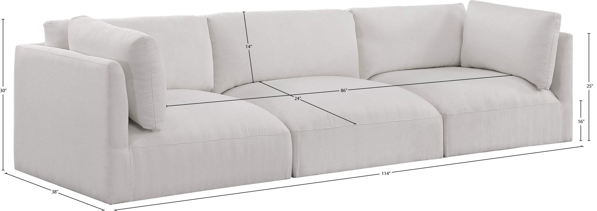 Meridian Furniture - Ease 114" Cream Fabric Upholstered 3pc. Sofa - 696Cream-S114B - GreatFurnitureDeal