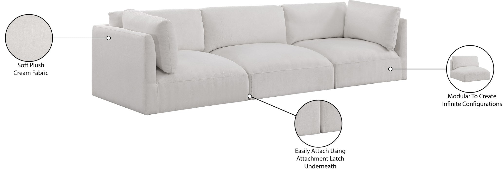 Meridian Furniture - Ease 114" Cream Fabric Upholstered 3pc. Sofa - 696Cream-S114B - GreatFurnitureDeal