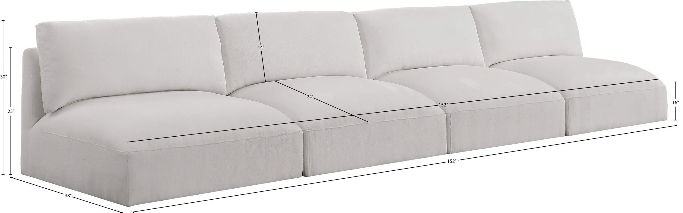 Meridian Furniture - Ease 152" Cream Fabric Upholstered 4pc. Armless Sofa - 696Cream-S152A - GreatFurnitureDeal