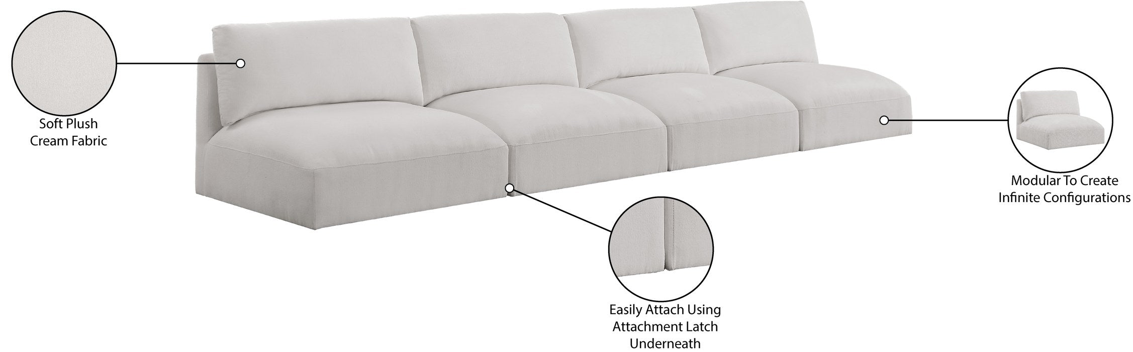 Meridian Furniture - Ease 152" Cream Fabric Upholstered 4pc. Armless Sofa - 696Cream-S152A - GreatFurnitureDeal