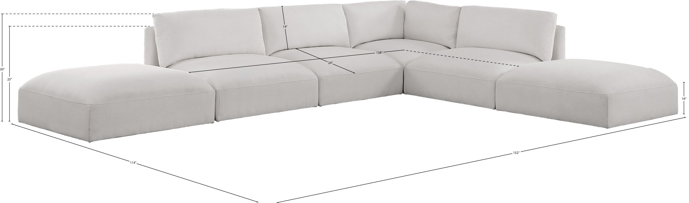 Meridian Furniture - Ease 152" Cream Fabric Upholstered 6pc. Sectional - 696Cream-Sec6E - GreatFurnitureDeal