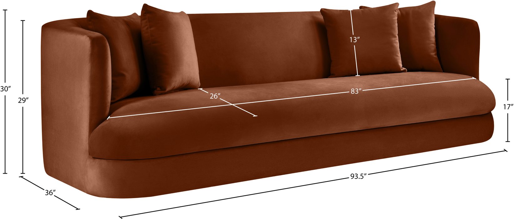 Meridian Furniture - Alder 93.5" Cognac Velvet Upholstered Sofa - 699Cognac-S - GreatFurnitureDeal