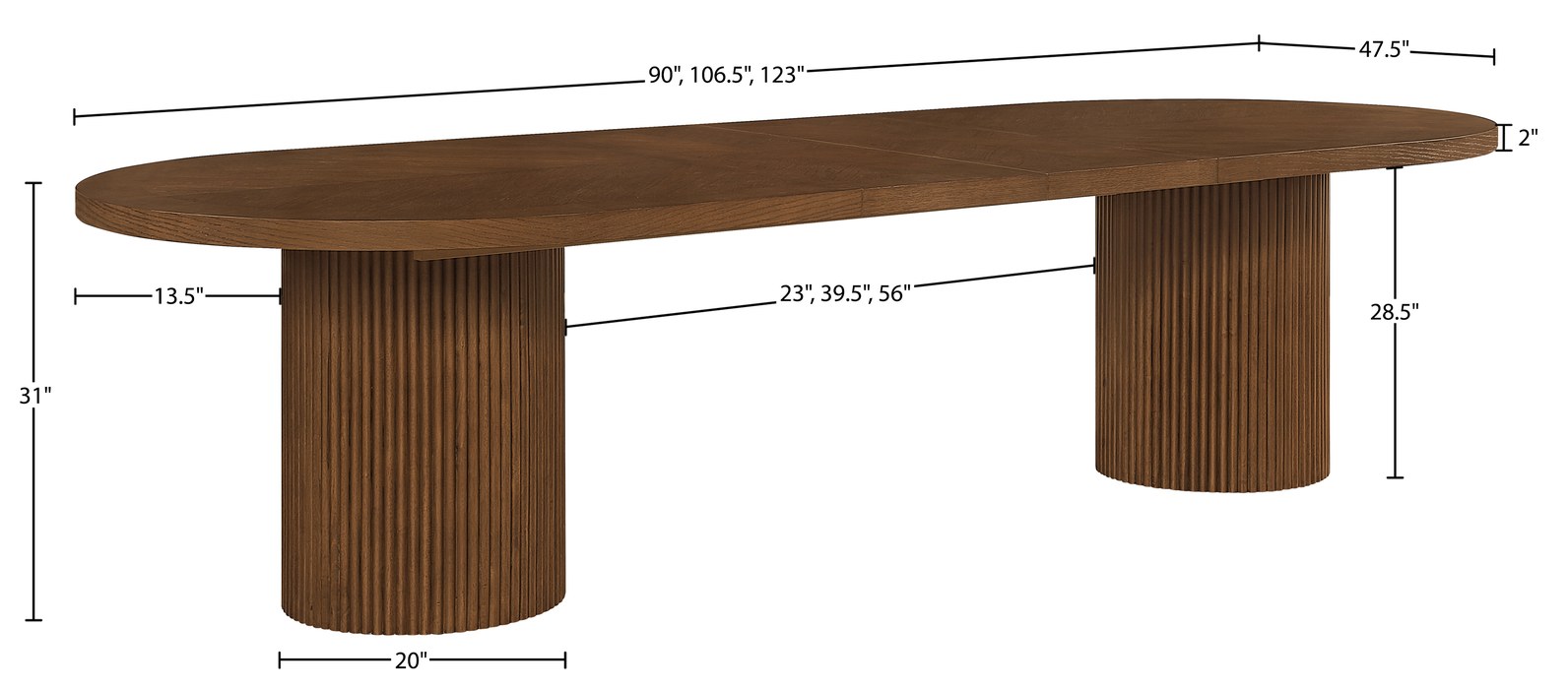 Meridian Furniture - Belinda 90" / 106.5" / 123" Brown Oak Wood Dining Table (3 Boxes) - 725Brown-T - GreatFurnitureDeal