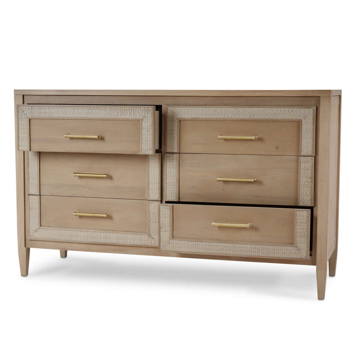 Bramble - Belgravia 6 Drawer Dresser in Sandbar w/ White Inset Rattan - BR-76554SNB-RT01--- - GreatFurnitureDeal