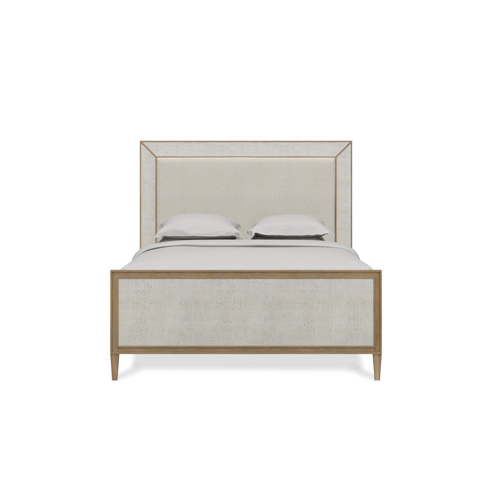 Bramble - Belgravia Upholstered Queen Bed in Sandbar. Upholstered in Dinara Natural Performance Fabric w/ White Rattan - BR-76565SNBSF227RT01--- - GreatFurnitureDeal