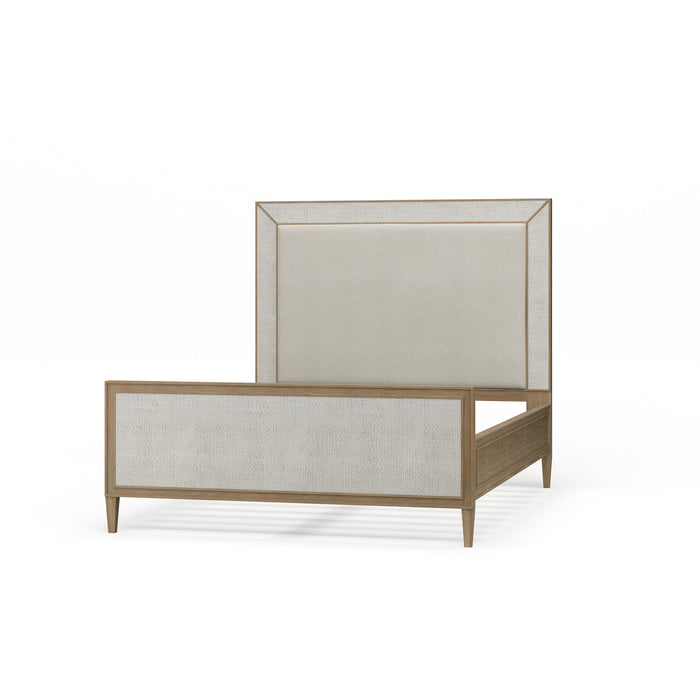 Bramble - Belgravia Upholstered Queen Bed in Sandbar. Upholstered in Dinara Natural Performance Fabric w/ White Rattan - BR-76565SNBSF227RT01--- - GreatFurnitureDeal