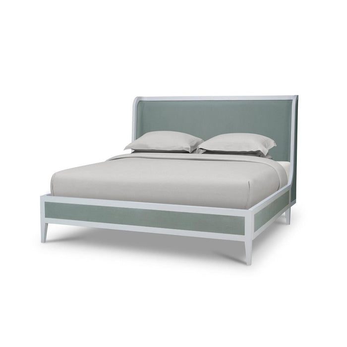 Bramble - Mornington Queen Upholstered & Linen Wrapped Bed w/ True White Frame Yuko Sky Performance Fabric & Pale Blue Linen - 76598TRWSF208-FPBE--