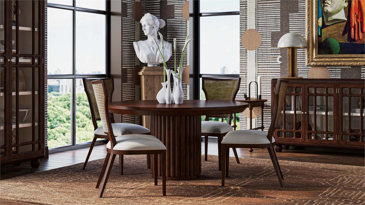 Bramble - Aldgate Dining Chair in Matt Teak Brown w/ Thames Natural Performance Fabric w/ Rattan Glaze Back - 76829MTBSF247RGZE--- Set of 2