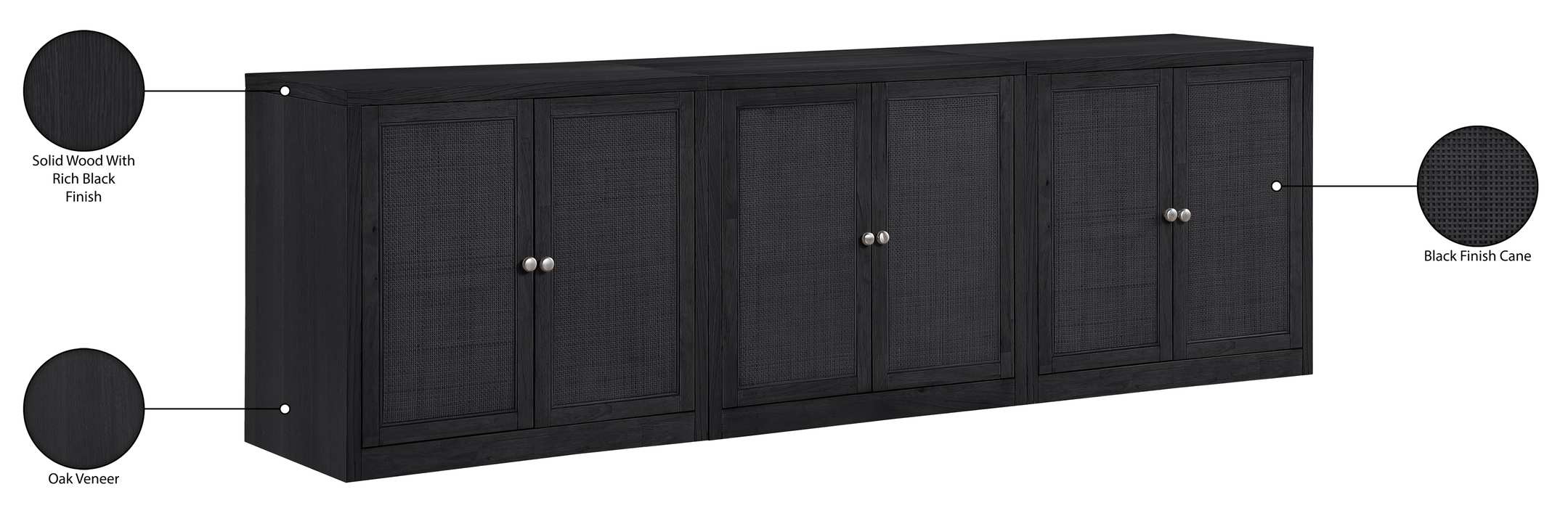 Meridian Furniture - Vero Black Cane, Solid Wood And Oak Veneer 3pc. Sideboard/Buffet - 77052Black-T-3PC - GreatFurnitureDeal