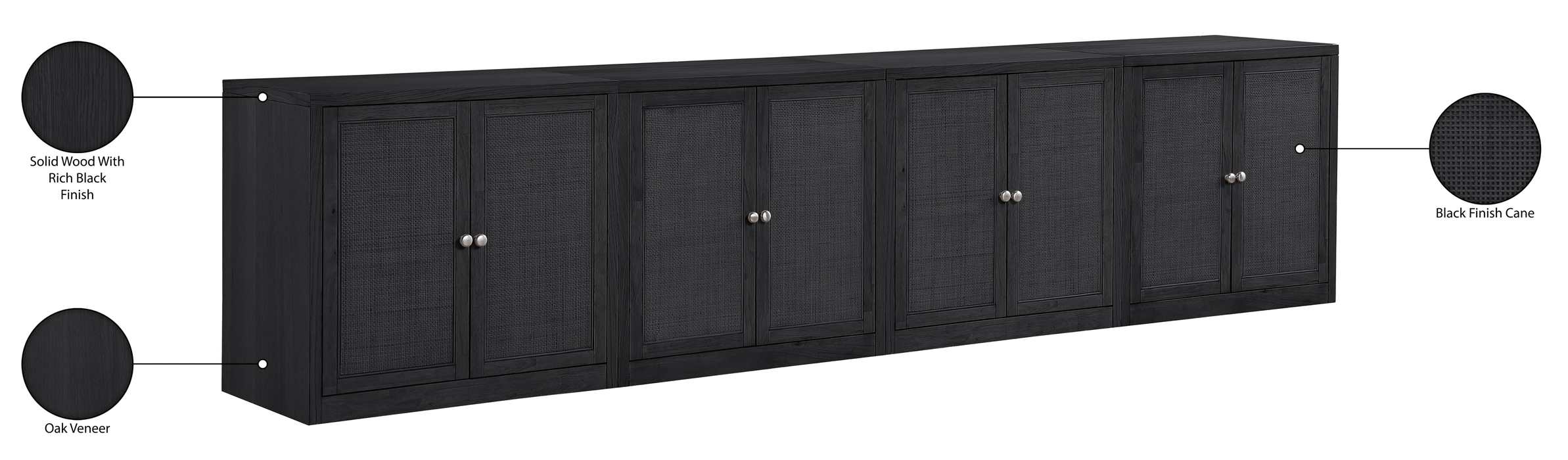 Meridian Furniture - Vero Black Cane, Solid Wood And Oak Veneer 4pc. Sideboard/Buffet - 77052Black-T-4PC - GreatFurnitureDeal