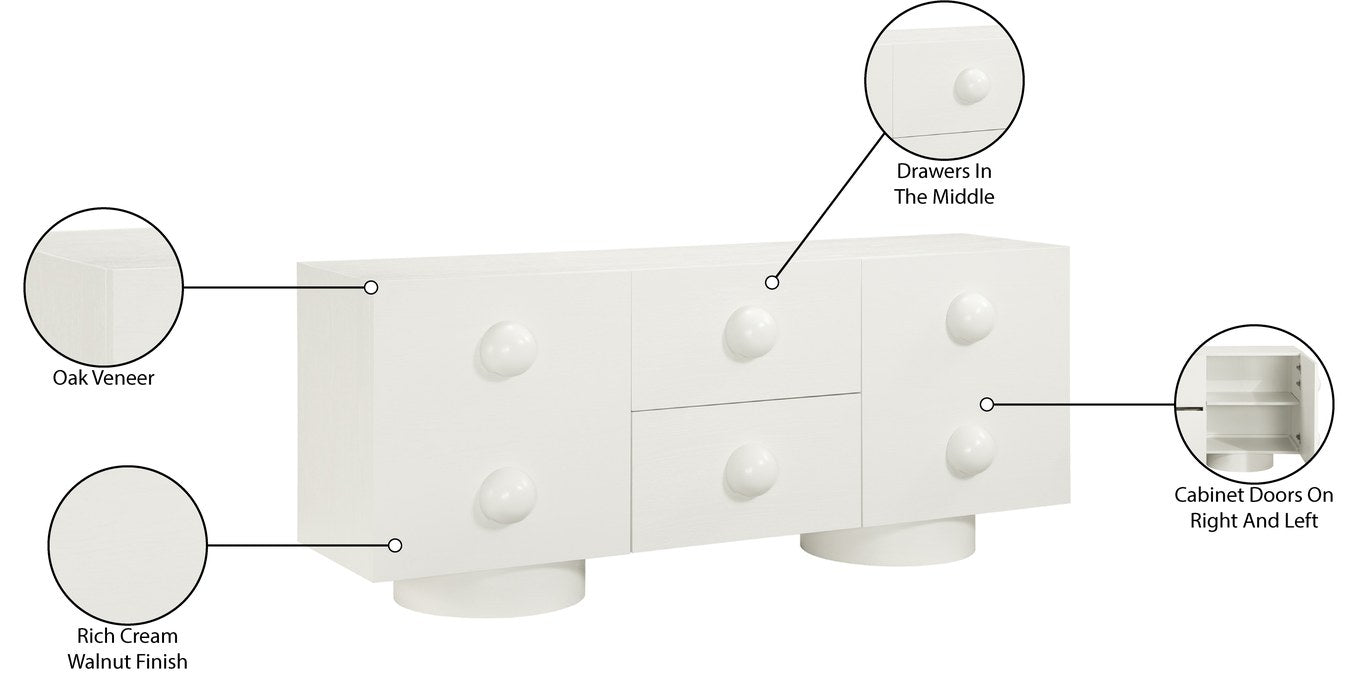 Meridian Furniture - Bubble Cream Solid Wood And Oak Veneer Sideboard / Buffet - 77063Cream - GreatFurnitureDeal