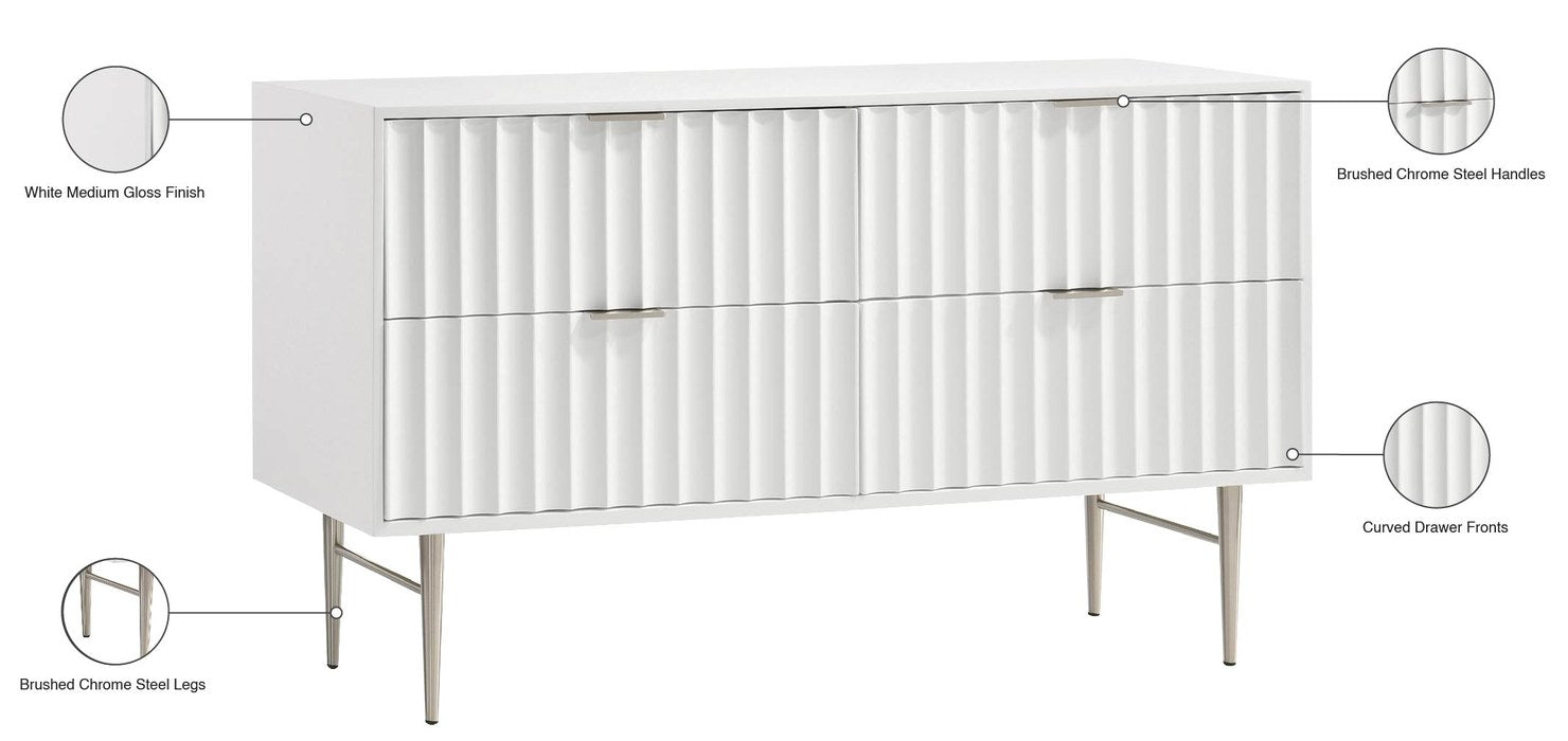 Meridian Furniture - Modernist White Wood Veneer And Stainless Steel Base Dresser - 802White-D - GreatFurnitureDeal