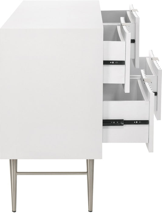 Meridian Furniture - Modernist White Wood Veneer And Stainless Steel Base Dresser - 802White-D - GreatFurnitureDeal