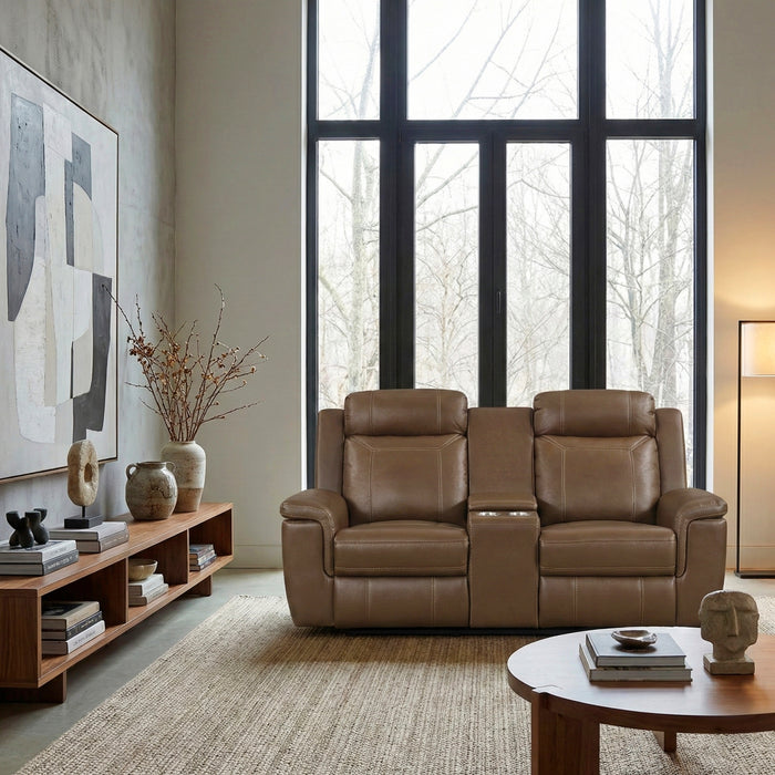 Homelegance - Nest Double Reclining Loveseat with Center Console and Receptacles in Camel - 8379TBR-2 - GreatFurnitureDeal