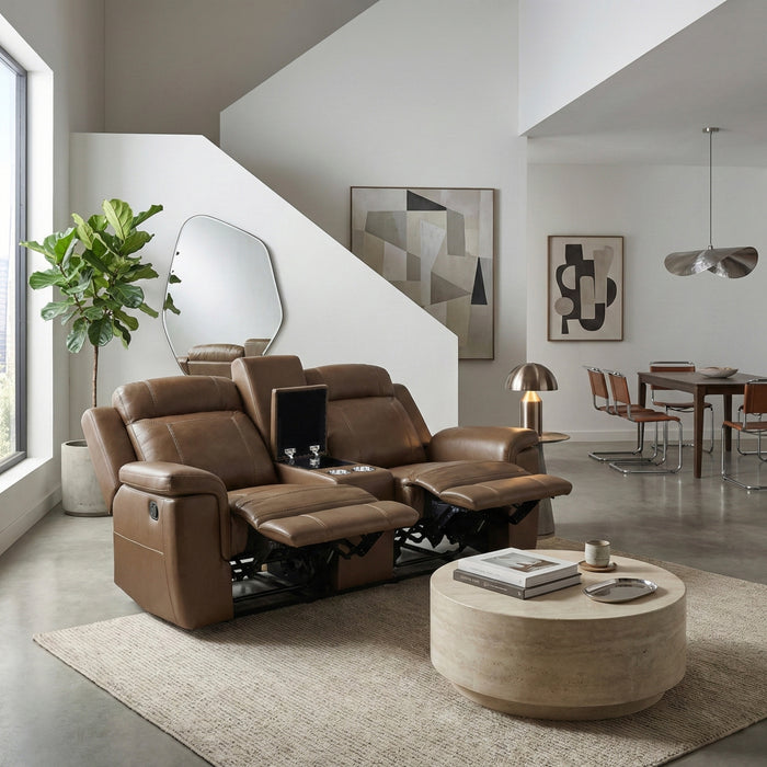 Homelegance - Nest Double Reclining Loveseat with Center Console and Receptacles in Camel - 8379TBR-2 - GreatFurnitureDeal