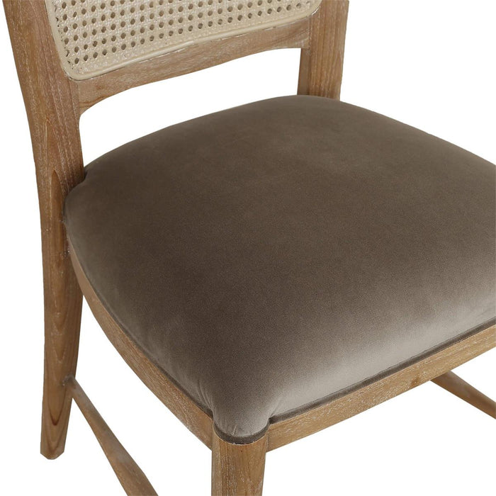 Bramble - Laurna Teak Dining Chair in Teak White Wash w/ Seat in Espresso Brown Velvet Fabric & Sandbar Rattan Back (Set of 2) - 85047TWWLL275RSNB---