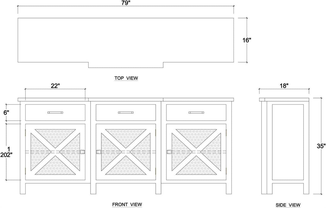 Bramble - Silvia Reclaimed Teak 3 Door Sideboard in Teak Straw Wash w/ Rattan Natural Door Panels - 85054TSW-RNAT---