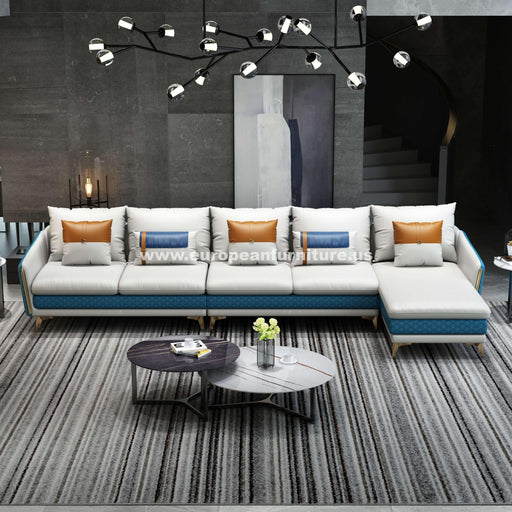 European Furniture - Icaro Mansion Sectional Off White & Blue Italian Leather - EF-64439R-5RHF - GreatFurnitureDeal
