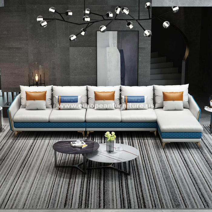 European Furniture - Icaro Mansion Sectional Off White & Blue Italian Leather - EF-64439R-5RHF