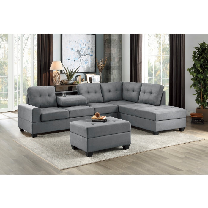 Homelegance - Maston 3 Piece Reversible Sectional with Drop-Down Cup Holders and Storage Ottoman in Gray - 9507DGY*3OT - GreatFurnitureDeal
