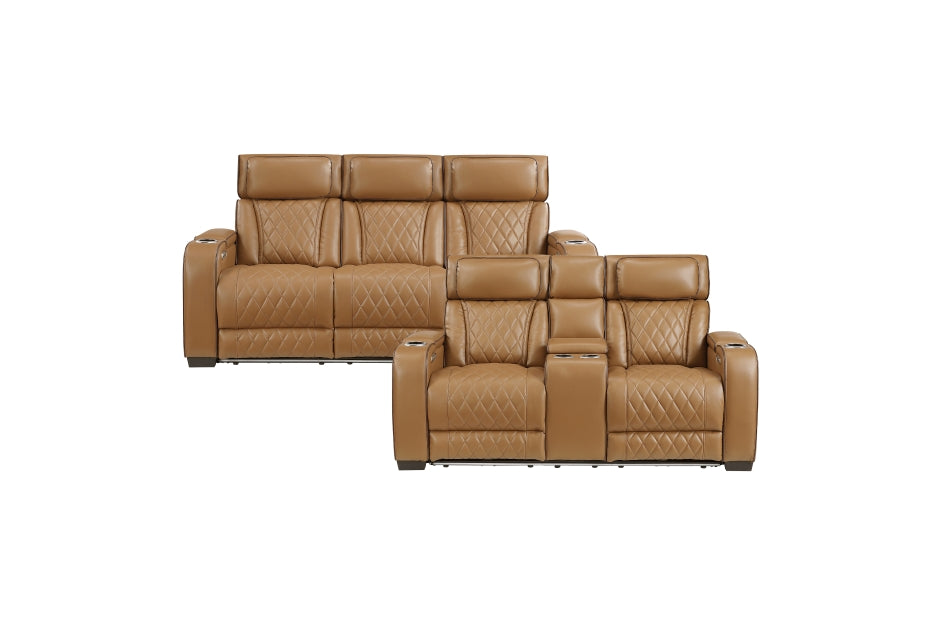 Homelegance - Fairway Power Double Reclining Sofa with Center Drop-Down Cup Holders - 9516BRW-3PWH - GreatFurnitureDeal