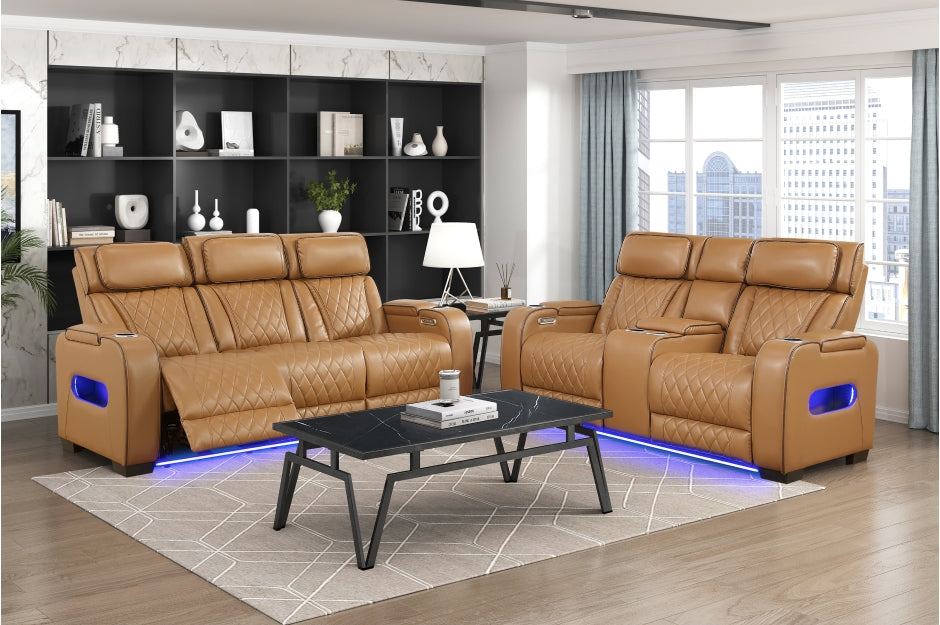 Homelegance - Fairway Power Double Reclining Sofa with Center Drop-Down Cup Holders - 9516BRW-3PWH - GreatFurnitureDeal
