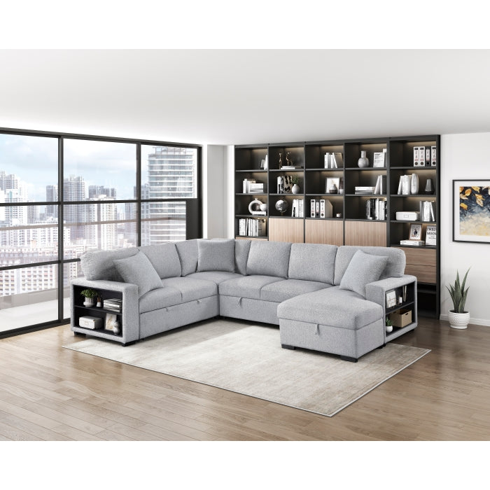 Homelegance - Pompano 3 Piece Sectional with Right Chaise, Pull-out Bed, Hidden Storages and Shelves in Gray - 9630GY*42LRC - GreatFurnitureDeal