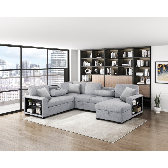 Homelegance - Pompano 3 Piece Sectional with Right Chaise, Pull-out Bed, Hidden Storages and Shelves in Gray - 9630GY*42LRC - GreatFurnitureDeal