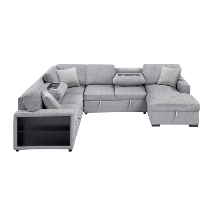 Homelegance - Pompano 3 Piece Sectional with Right Chaise, Pull-out Bed, Hidden Storages and Shelves in Gray - 9630GY*42LRC - GreatFurnitureDeal