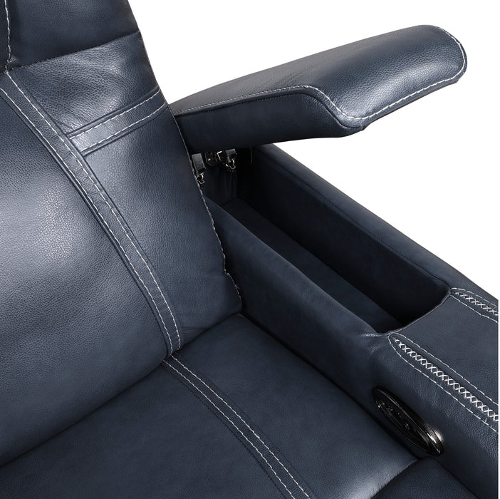 Homelegance - Keziah Power Double Reclining Sofa with Power Headrests and Storage Arms in Blue - 9640BU-3PWH