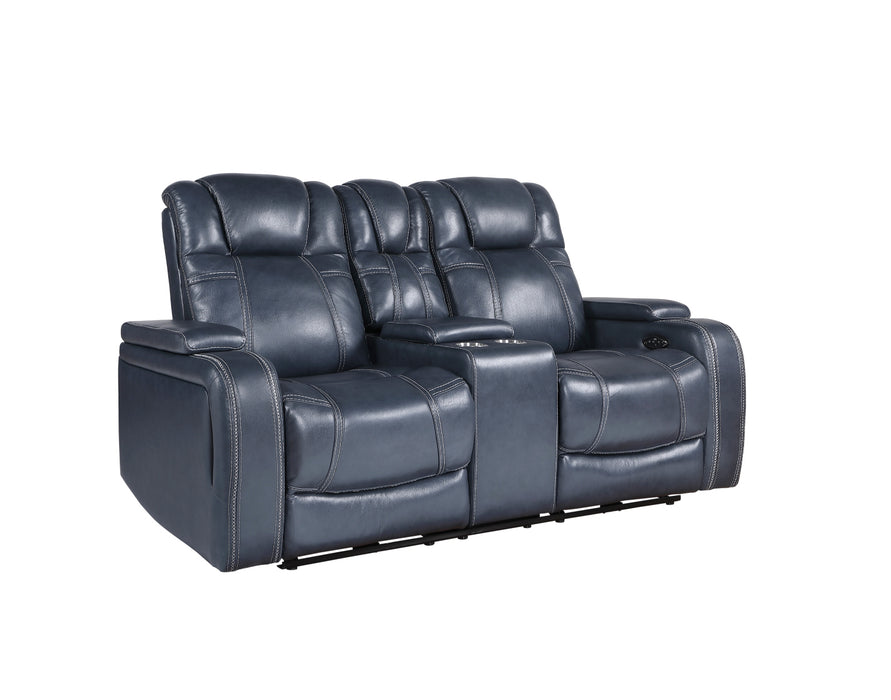 Homelegance - Keziah Power Double Reclining Love Seat with Center Console, Power Headrests and Storage Arms in Blue - 9640BU-2PWH