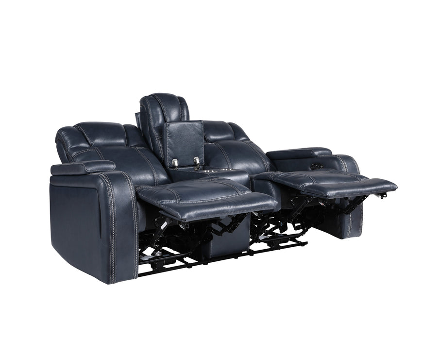 Homelegance - Keziah Power Double Reclining Love Seat with Center Console, Power Headrests and Storage Arms in Blue - 9640BU-2PWH